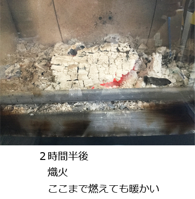 2時間半後、熾火　ここまで燃えても暖かい